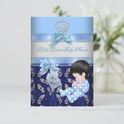 Eleganter Baby Shower Boy Blue Little Prince Crown Einladung (Stehend Vorderseite)