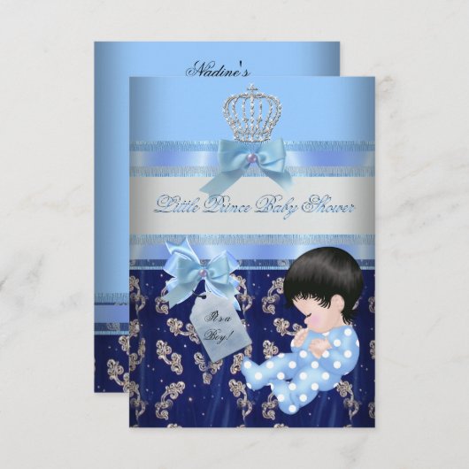 Eleganter Baby Shower Boy Blue Little Prince Crown Einladung (Vorne/Hinten)