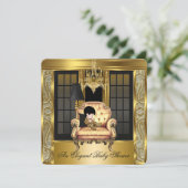 Eleganter Baby Shower Damask Chandelier Gold Stuhl Einladung (Stehend Vorderseite)