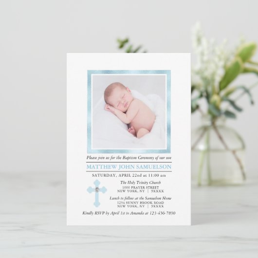 Eleganter BAPTISM CHRISTENING Cross Blue Boy | FOT Einladung (Stehend Vorderseite)