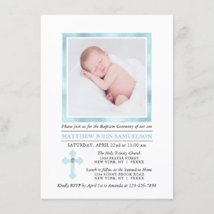Eleganter BAPTISM CHRISTENING Cross Blue Boy   FOT Einladung