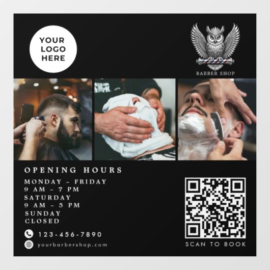 Eleganter Barbier Shop Silber Eule QR-Code-Logo  Fensteraufkleber (Blatt)