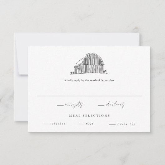 Eleganter Barn Black and White Rustic Wedding RSVP Karte (Vorderseite)