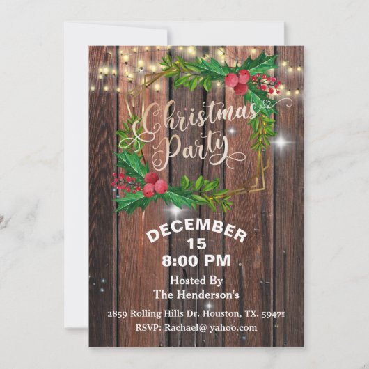Eleganter Barn Wood String Lights Weihnachten Einladung (Vorderseite)
