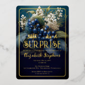 Eleganter Barock Blue Floral Überraschung 30. Gebu Folieneinladung (Vorderseite)