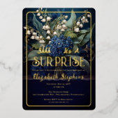 Eleganter Barock Blue Floral Überraschung 50. Gebu Folieneinladung (Vorderseite)