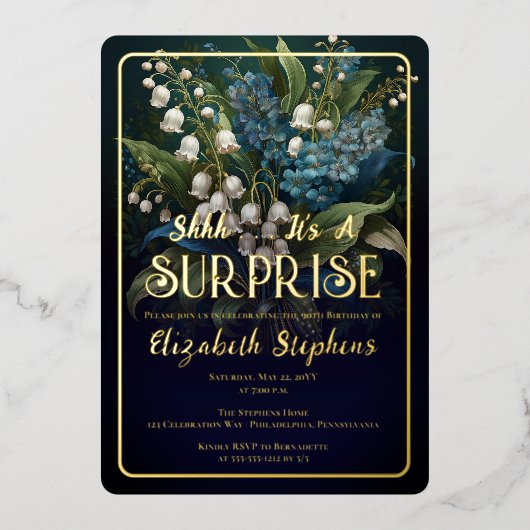 Eleganter Barock Blue Floral Überraschung 90. Gebu Folieneinladung (Vorderseite)