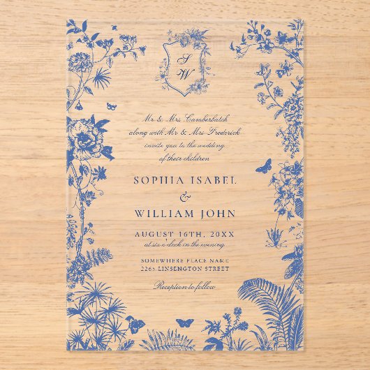 Eleganter Barock Blue French Garden Hochzeit der B Acryleinladungen (Vorderseite)