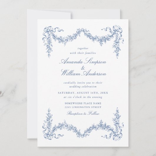 Eleganter Barock Blue French Garden Hochzeit der B Einladung (Vorderseite)