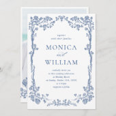 Eleganter Barock Blue French Garden Hochzeit der B Einladung (Vorne/Hinten)