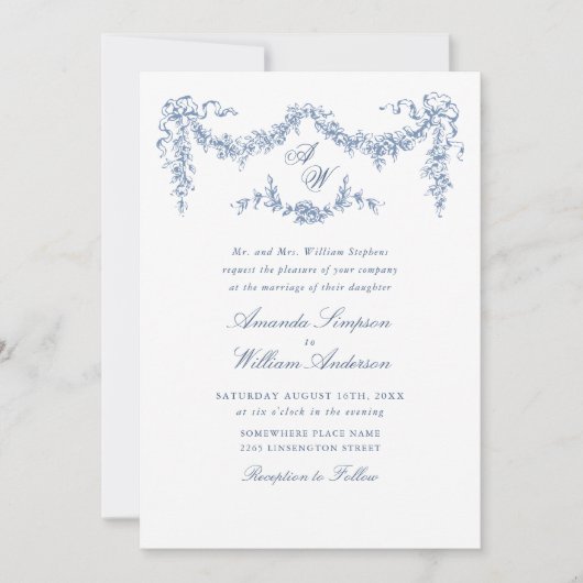 Eleganter Barock Blue French Garden Hochzeit der B Einladung (Vorderseite)