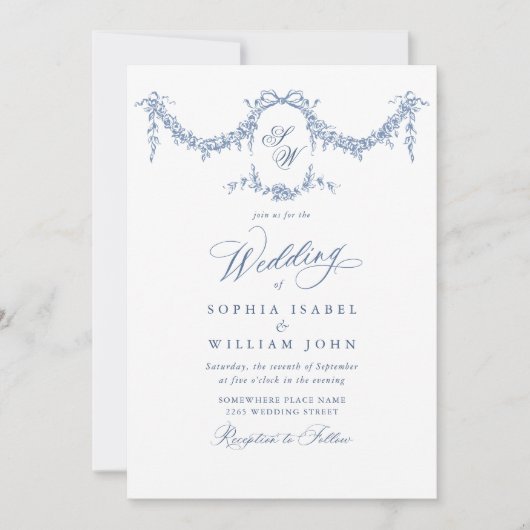 Eleganter Barock Blue French Garden Hochzeit der B Einladung (Vorderseite)