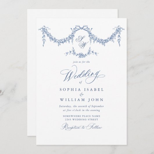 Eleganter Barock Blue French Garden Hochzeit der B Einladung (Vorne/Hinten)