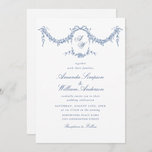 Eleganter Barock Blue French Garden Hochzeit der B Einladung (Vorne/Hinten)