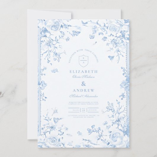 Eleganter Barock Blue French Garden Hochzeit der B Einladung (Vorderseite)