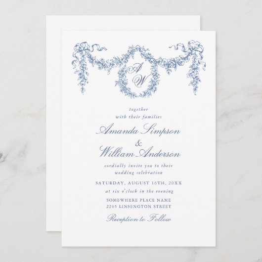 Eleganter Barock Blue French Garden Hochzeit der B Einladung (Vorne/Hinten)