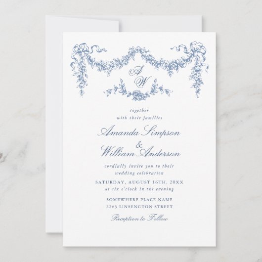 Eleganter Barock Blue French Garden Hochzeit der B Einladung (Vorderseite)