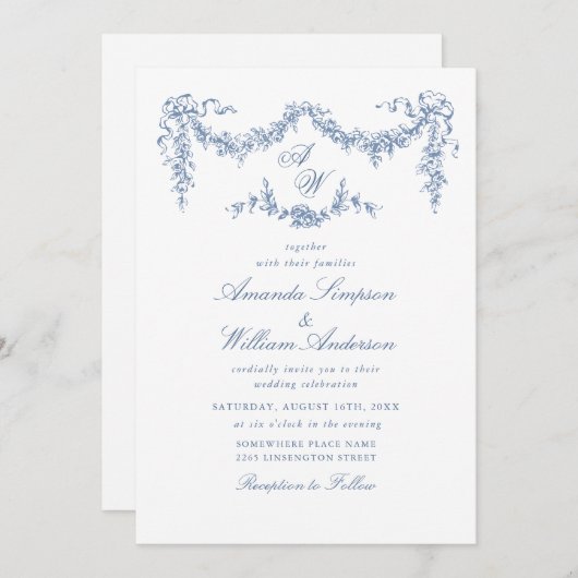 Eleganter Barock Blue French Garden Hochzeit der B Einladung (Vorne/Hinten)