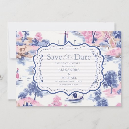 Eleganter Barock Blue French Garden Hochzeit der B Save The Date (Vorderseite)