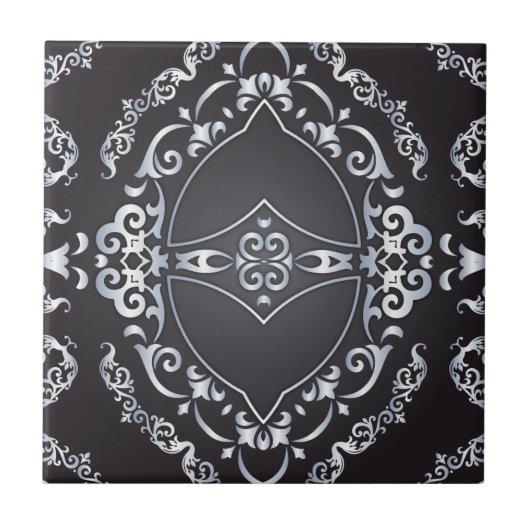 Eleganter Barock Luxus Chic Black & Silver Border Fliese (Vorderseite)