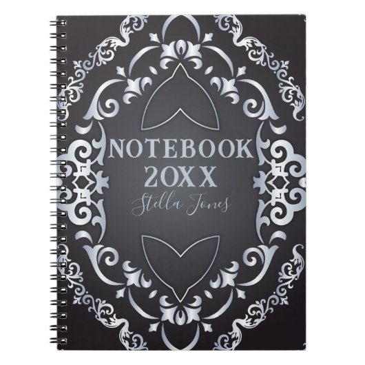 Eleganter Barock Luxus Chic Black und Silver Year Notizblock (Vorderseite)