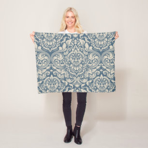Eleganter barocker blauer Damastbrokat auf Weiß Fleecedecke