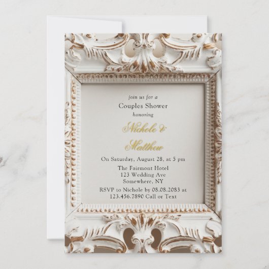 Eleganter Barockstil Weiße goldene Paare Dusche Einladung (Vorderseite)