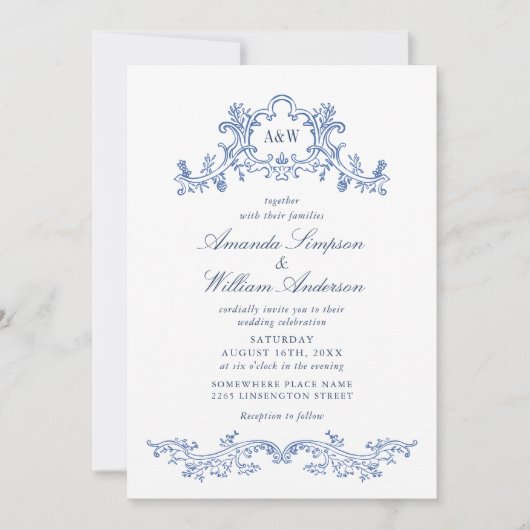 Eleganter Baroque Dusty Blue Classy Wedding QR Cod Einladung (Vorderseite)