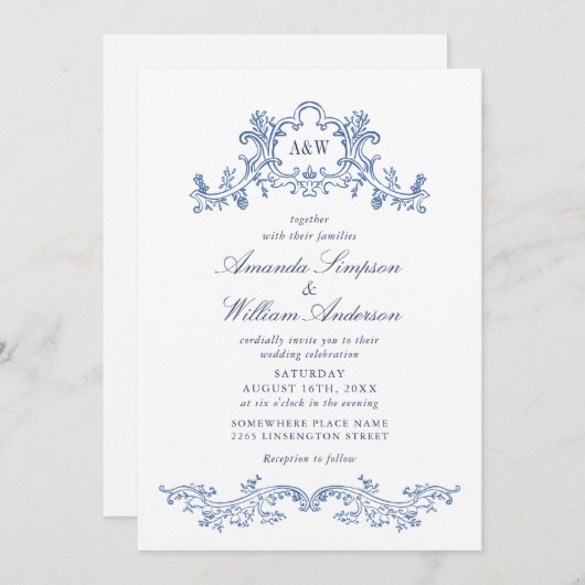Eleganter Baroque Dusty Blue Classy Wedding QR Cod Einladung (Vorne/Hinten)
