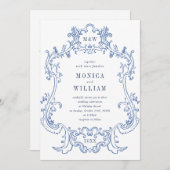 Eleganter Baroque Dusty Blue Frame Wedding QR Code Einladung (Vorne/Hinten)