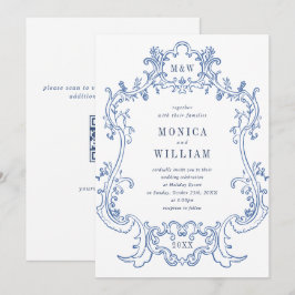 Eleganter Baroque Dusty Blue Frame Wedding QR Code Einladung