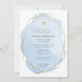 Eleganter Bat Mitzvah, Blue Watercolor Gold Frame Einladung (Vorderseite)