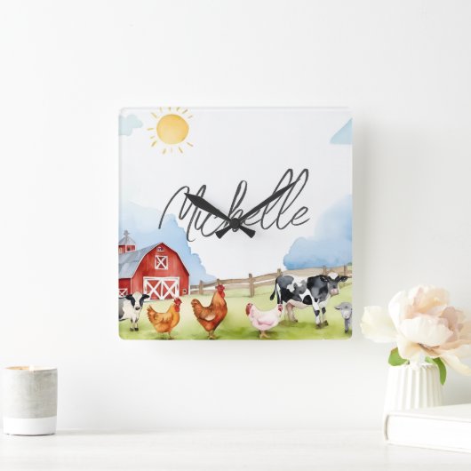 Eleganter Bauernhof Red Barnyard Farm Animal Custo Quadratische Wanduhr (Zuhause)