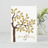 Eleganter Baum mit Goldfolie Blätter Moderne Hochz Einladung (Stehend Vorderseite)