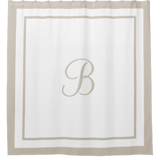 Eleganter Beige Border Script Monogram Letter Duschvorhang (Vorderseite)