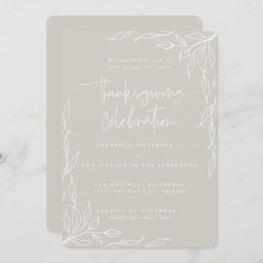 Eleganter Beige Moderner Leaf Motif Erntedank Einladung (Vorne/Hinten)