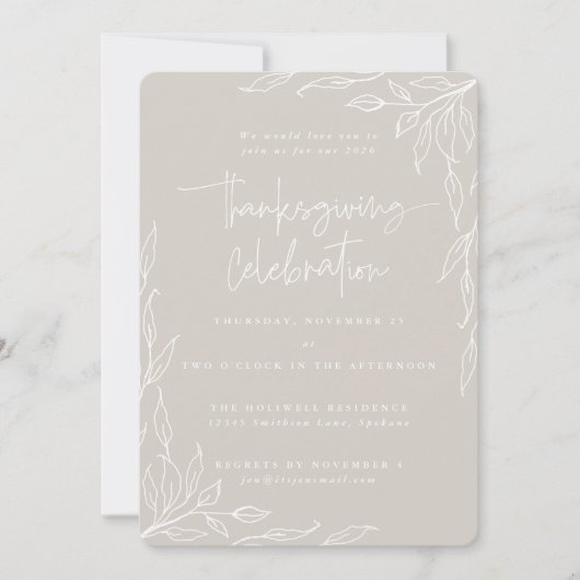 Eleganter Beige Moderner Leaf Motif Erntedank Einladung (Vorderseite)