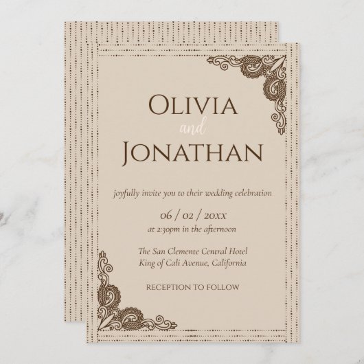 Eleganter Beige verzierte Einladung zur Hochzeit (Vorne/Hinten)