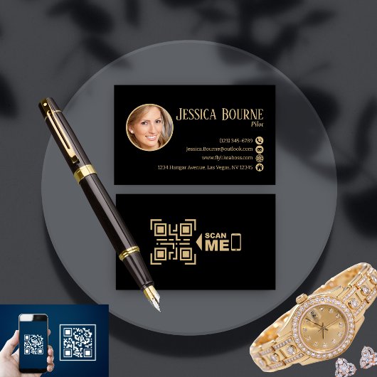 Eleganter Beruflicher Foto Black Gold QR Code Visitenkarte
