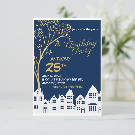 ELEGANTER BIRTHDAY CART MIT BAUM RSVP KARTE (Stehend Vorderseite)