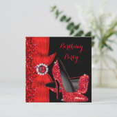 Eleganter Birthday Party Glitzer Red High Heels Einladung (Stehend Vorderseite)