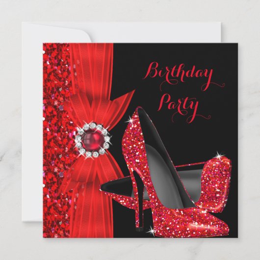 Eleganter Birthday Party Glitzer Red High Heels Einladung (Vorderseite)