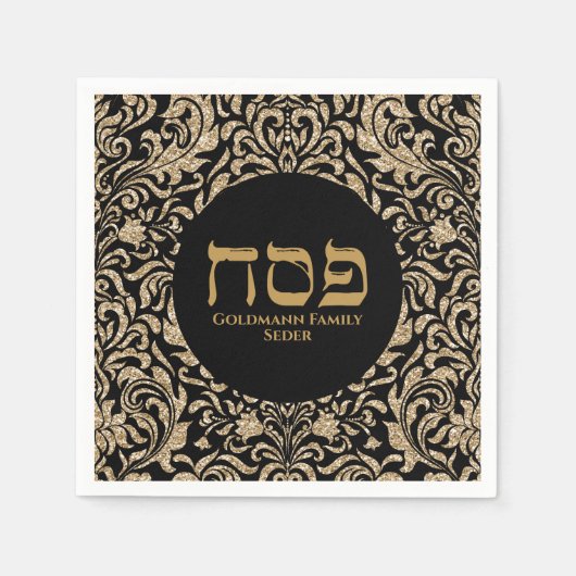 Eleganter Black and Glitzer Gold Hebrew Pessach Serviette (Vorderseite)