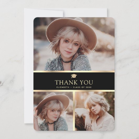 Eleganter Black and Gold 4 Foto Abschluss Dankeskarte (Vorderseite)