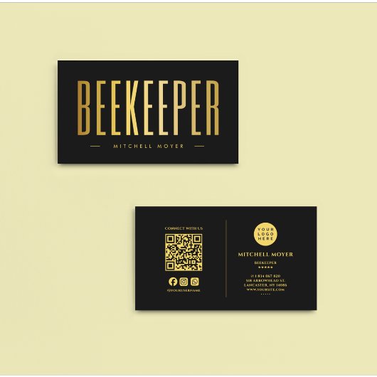 Eleganter Black and Gold Beekeeper QR Code & Logo Visitenkarte