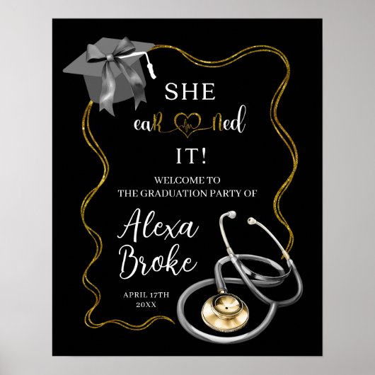 Eleganter Black and Gold Bow Nurse Abschluss Poster (Vorne)