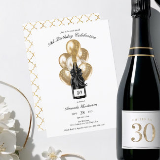 Eleganter Black and Gold Champagne Geburtstag Einladung
