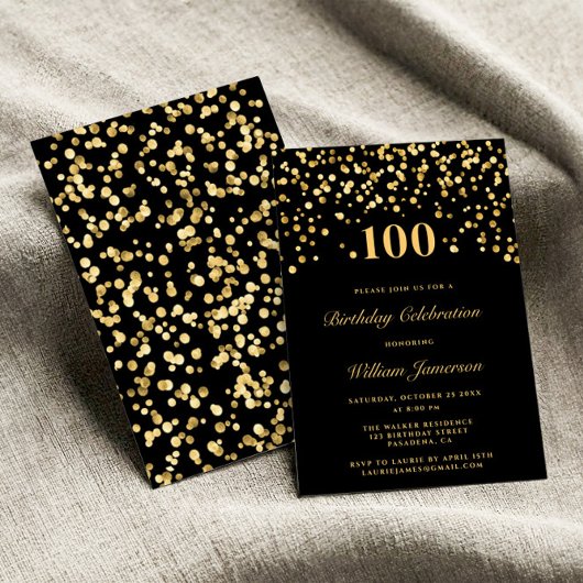 Eleganter Black and Gold Confetti 100h Geburtstag Einladung