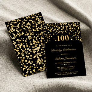 Eleganter Black and Gold Confetti 100h Geburtstag Einladung