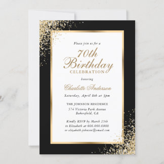 Eleganter Black and Gold Confetti 70. Geburtstag Einladung